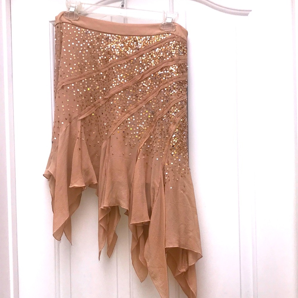 BEBE Beautiful Beige Tan Silk & Sequin Handkerchief Hem Skirt